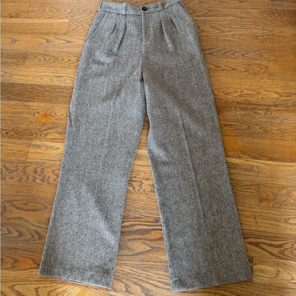Ba&sh Beige Wide Leg Herringbone Wool Trousers